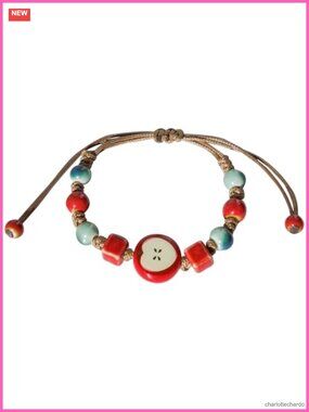 Handmade Ceramic Bead Bracelet with Leaf Charm Adjustable Boho Friendship
